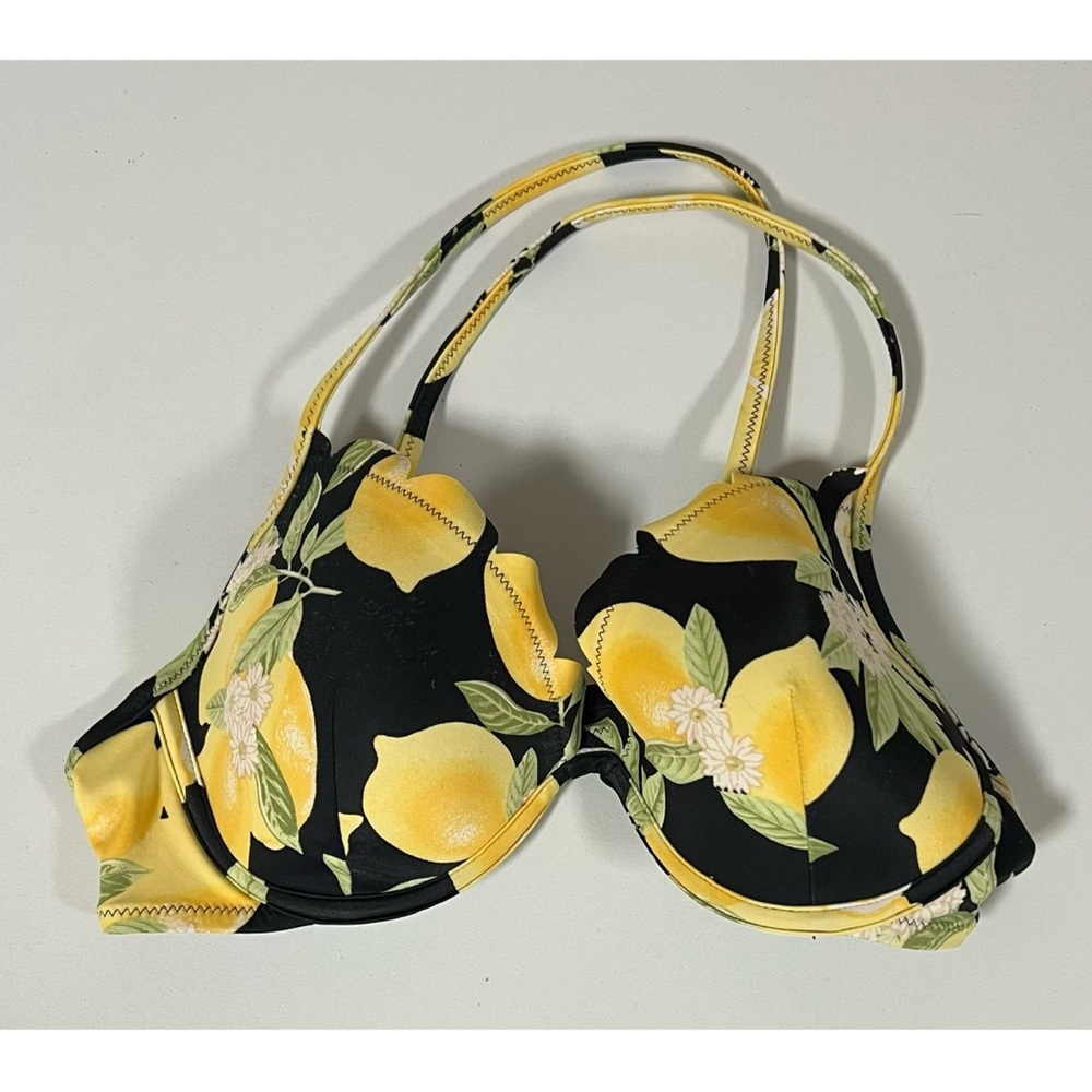 Black Yellow Lemons Fruit Floral Bikini Top Swimwear Bathing Suit Size 34C 🍋✨